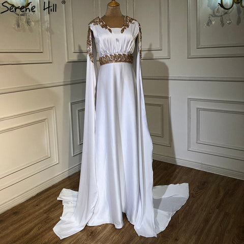 White Satin Mermaid Evening Dresses Gowns 2025 Cape Sleeves Elegant For Women Party LA70682
