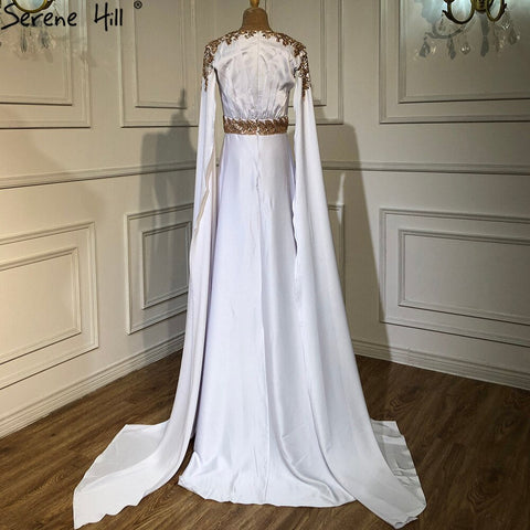 White Satin Mermaid Evening Dresses Gowns 2025 Cape Sleeves Elegant For Women Party LA70682