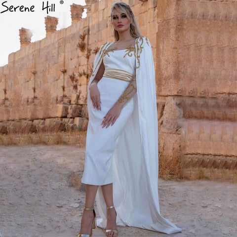 White Satin Mermaid Evening Dresses Gowns 2025 Cape Sleeves Elegant For Women Party LA70682