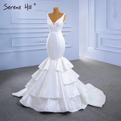 White Satin Mermaid Wedding Dresses 2025 Tiered Elegant Simple Sexy Bride Gowns HM67312 Custom Made