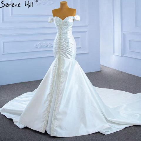 White Satin Mermaid Wedding Dresses Gowns Elegant Pearls Beaded Sexy Bridal Dress 2025 HM67285