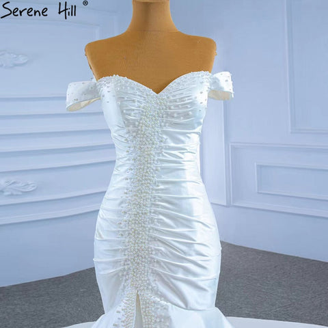 White Satin Mermaid Wedding Dresses Gowns Elegant Pearls Beaded Sexy Bridal Dress 2025 HM67285