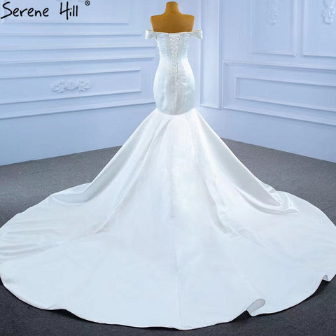 White Satin Mermaid Wedding Dresses Gowns Elegant Pearls Beaded Sexy Bridal Dress 2025 HM67285