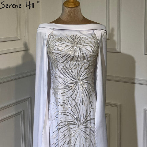 White Satin Overskirt Evening Dresses Gowns 2025 Elegant Mermaid Beaded For Women Party LA70680