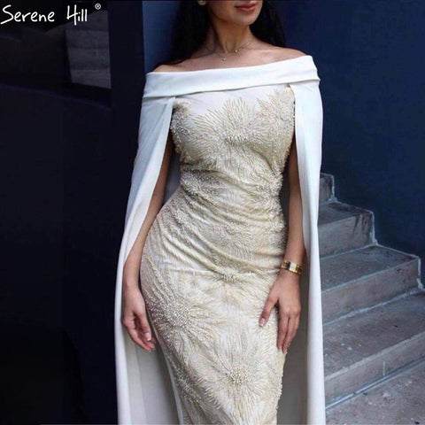 White Satin Overskirt Evening Dresses Gowns 2025 Elegant Mermaid Beaded For Women Party LA70680