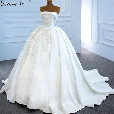 White Satin Strapless Wedding Dresses Gowns Luxury Beading Pearls Sexy Bridal Dress 2025 HM67214 Custom Made