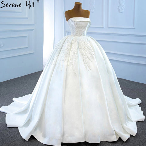 White Satin Strapless Wedding Dresses Gowns Luxury Beading Pearls Sexy Bridal Dress 2025 HM67214 Custom Made