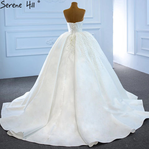 White Satin Strapless Wedding Dresses Gowns Luxury Beading Pearls Sexy Bridal Dress 2025 HM67214 Custom Made