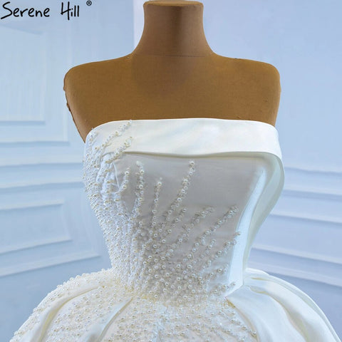 White Satin Strapless Wedding Dresses Gowns Luxury Beading Pearls Sexy Bridal Dress 2025 HM67214 Custom Made