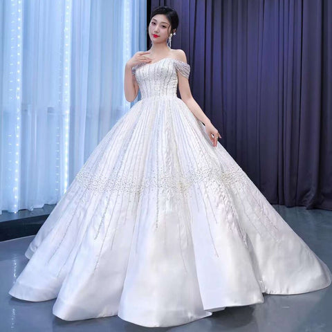 White Sexy Off Shoulder Lace Up Luxury Beaded Bride Gowns Wedding Dress 2025 High End Custom Made HM67478