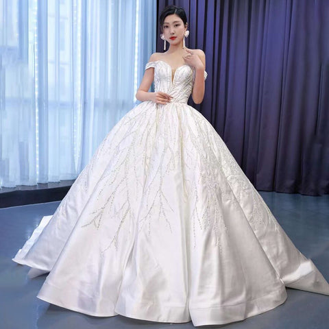 White Sexy Off Shoulder Luxury Beaded Lace Up Bride Gowns Wedding Dress 2025 High End Custom Made HM67481