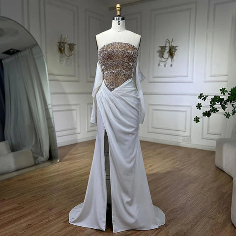 Luxury Dubai Mermaid White Evening Dress Sexy Scalloped LA72293