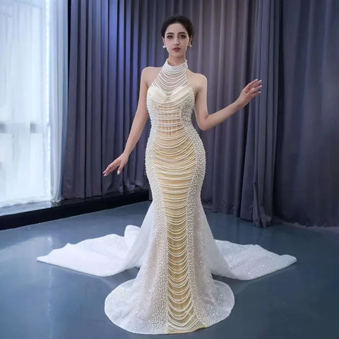 White champagne Mermaid Lace Up Luxury Pearls Beaded Bride Gowns Wedding Dress 2025 High End Custom Made HM231033