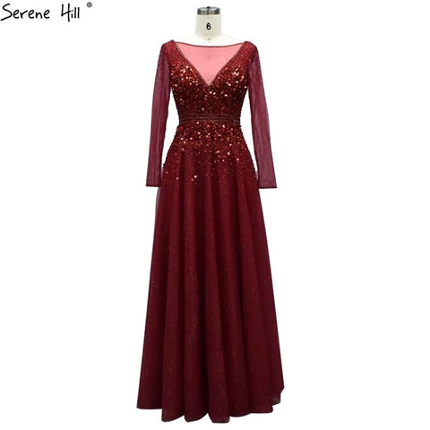 Vestidos de noche estilo Dubái, corte A, color vino tinto, 2025, con mangas largas y cuentas, diseño de vestido formal sexy LA70734 