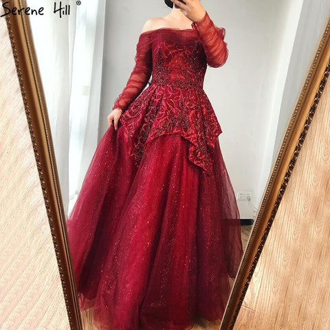 On Sale no return no refundSale Wine Red A-Line Evening Dresses 2025 Dubai Beading Long Sleeves Formal Dress Design LA70692