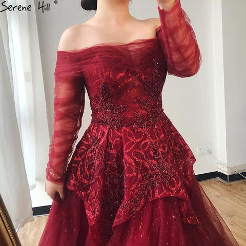 On Sale no return no refundSale Wine Red A-Line Evening Dresses 2025 Dubai Beading Long Sleeves Formal Dress Design LA70692