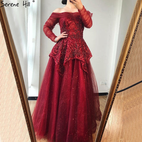 On Sale no return no refundSale Wine Red A-Line Evening Dresses 2025 Dubai Beading Long Sleeves Formal Dress Design LA70692