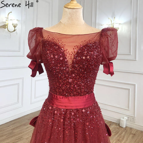 Wine Red A-Line Evening Dresses Gowns 2025 Beaded Bow Puffy Sleeves For Women Party LA71281