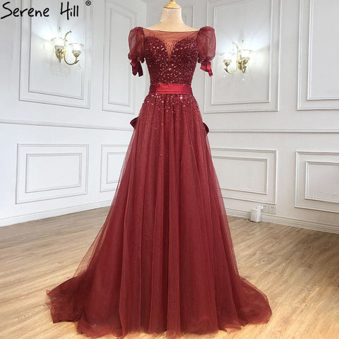 Wine Red A-Line Evening Dresses Gowns 2025 Beaded Bow Puffy Sleeves For Women Party LA71281