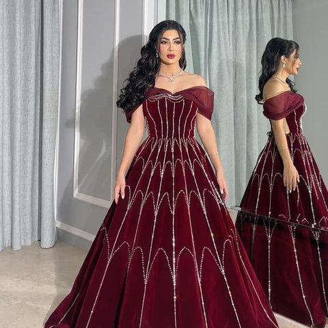 Wine Red A Line Sleeveless Boat Neck Beaded Luxury Geometry Pattern Evening Dresses Gowns For Women Party LA71790