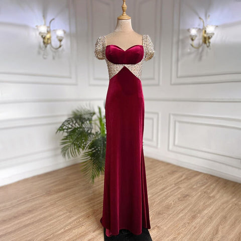 Wine Red Beaded Arabic Evening Dresses Gowns Mermaid Luxury Elegant For Women Party LA71876