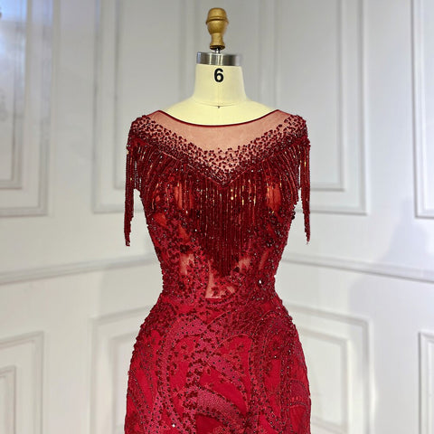 Wine Red Elegant Mermaid Lace Beaded Tassel Arabic Luxury Evening Dresses Gowns 2025 For Women Wedding Party LA71834