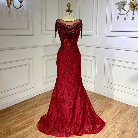 Wine Red Elegant Mermaid Lace Beaded Tassel Arabic Luxury Evening Dresses Gowns 2025 For Women Wedding Party LA71834