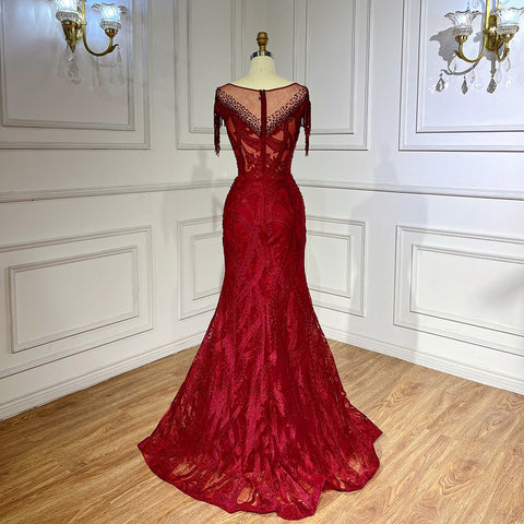 Wine Red Elegant Mermaid Lace Beaded Tassel Arabic Luxury Evening Dresses Gowns 2025 For Women Wedding Party LA71834