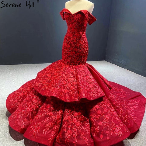 Wine Red Handmade Flowers Mermaid Wedding Dresses 2025 Off Shoulder Elegant Bride Gowns HA2462 Custom Made