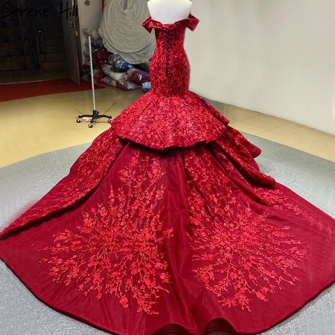 Wine Red Handmade Flowers Mermaid Wedding Dresses 2025 Off Shoulder Elegant Bride Gowns HA2462 Custom Made