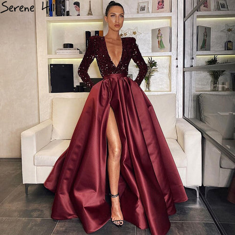 Wine Red High Split Evening Dresses Gowns 2025 Luxury Sparkle Mikaduo For Woman Party LA71062