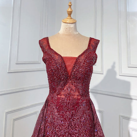 Wine Red Luxury Evening Dresses Gowns 2025 Beaded Mermaid Elegant Overskirt For Women Party LA71611