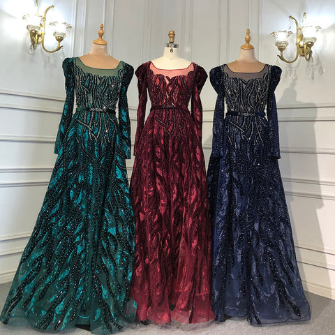 Wine Red Mermaid Elegant Evening Velvet Muslim Dresses Long Sleeves 2025 Beaded Luxury For Women Party LA71637