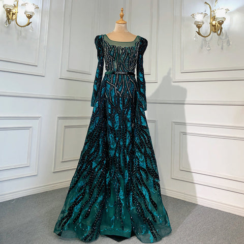 Wine Red Mermaid Elegant Evening Velvet Muslim Dresses Long Sleeves 2025 Beaded Luxury For Women Party LA71637