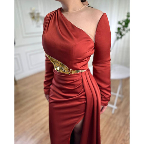 Wine Red Mermaid High Split Satin Evening Dresses Gowns 2025 Elegant O Neck For Women Party LA71285A