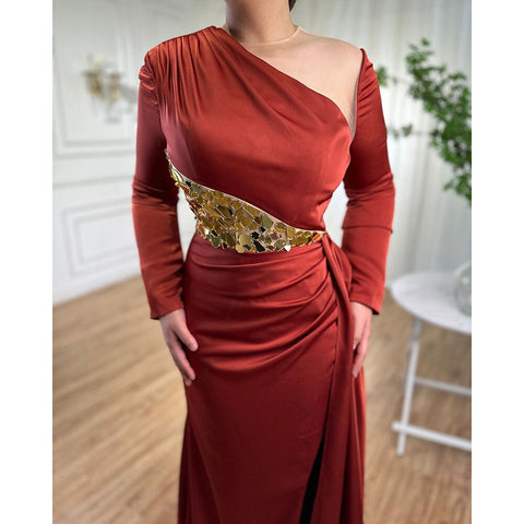 Wine Red Mermaid High Split Satin Evening Dresses Gowns 2025 Elegant O Neck For Women Party LA71285A