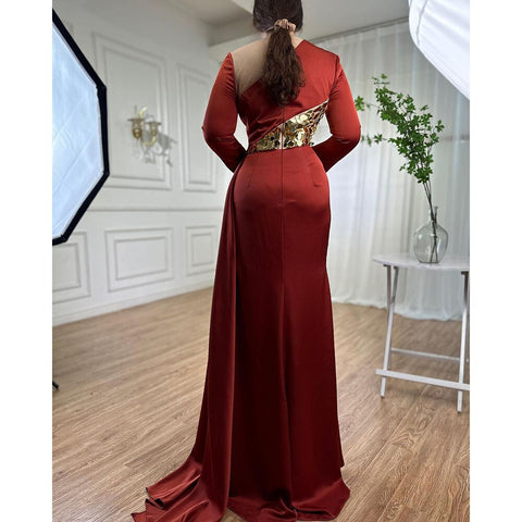 Wine Red Mermaid High Split Satin Evening Dresses Gowns 2025 Elegant O Neck For Women Party LA71285A