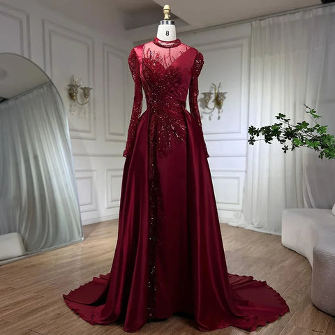 Wine Red Mermaid Luxury Lace Beaded Satin Evening Dresses Dubai Formal Gowns 2025 For Woman Wedding Party LA72202
