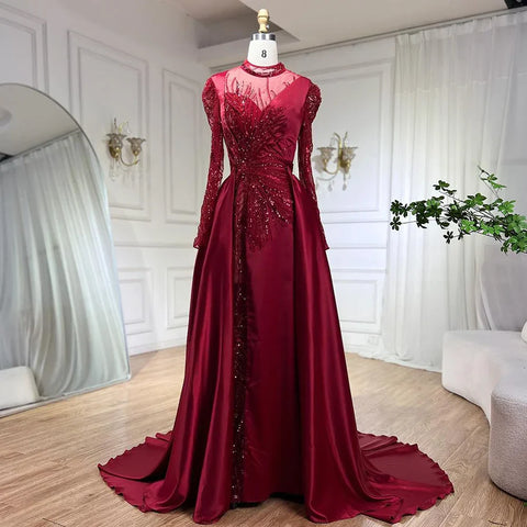 Wine Red Mermaid Luxury Lace Beaded Satin Evening Dresses Dubai Formal Gowns 2025 For Woman Wedding Party LA72202
