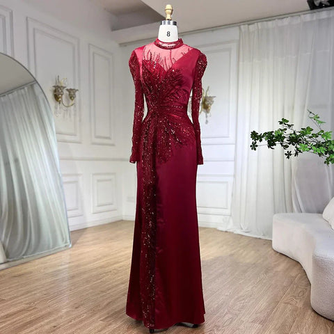 Wine Red Mermaid Luxury Lace Beaded Satin Evening Dresses Dubai Formal Gowns 2025 For Woman Wedding Party LA72202