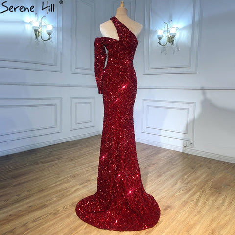 Wine Red Mermaid Sparkle Evening Dresses Gowns 2025 Luxury Elegant One Shoulder For Women Party LA71306