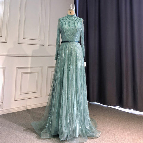 Wine Red Muslim Luxury Evening Dresses Gowns 2025 A-Line Sparkle Beaded For Women Party LA70991