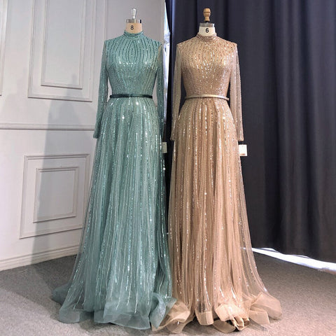 Wine Red Muslim Luxury Evening Dresses Gowns 2025 A-Line Sparkle Beaded For Women Party LA70991