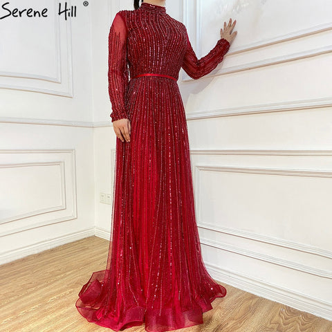 Wine Red Muslim Luxury Evening Dresses Gowns 2025 A-Line Sparkle Beaded For Women Party LA70991