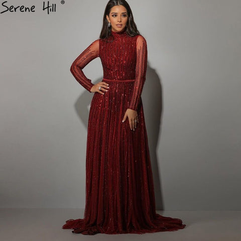Wine Red Muslim Luxury Evening Dresses Gowns 2025 A-Line Sparkle Beaded For Women Party LA70991