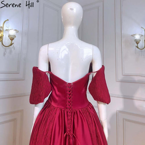 Wine Red Satin Evening Dresses Gowns 2025 A-Line Simple Short Sleeve Sexy For Women Party LA71347