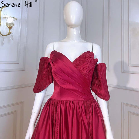 Wine Red Satin Evening Dresses Gowns 2025 A-Line Simple Short Sleeve Sexy For Women Party LA71347