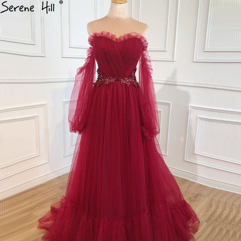 Wine Red Simple Sexy Evening Dresses Gowns 2025 Long Puff Sleeves Lace Up For Women Party Dress HA2443
