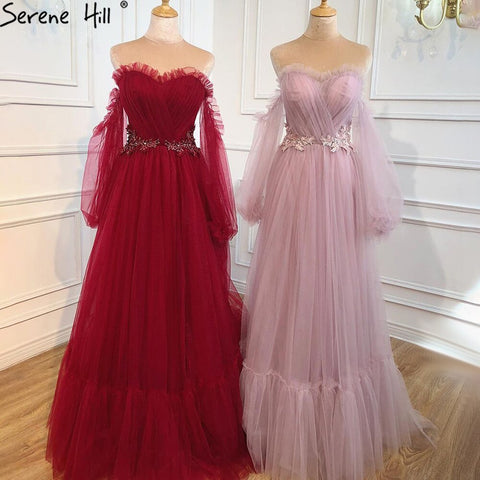 Wine Red Simple Sexy Evening Dresses Gowns 2025 Long Puff Sleeves Lace Up For Women Party Dress HA2443