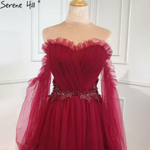 Wine Red Simple Sexy Evening Dresses Gowns 2025 Long Puff Sleeves Lace Up For Women Party Dress HA2443